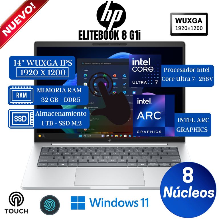 Laptop Elitebook 8 G1i 14” WUXGA TACTIL, Core Ultra 7-258V, Ram 32GB, Ssd 1 TB, Win 11 Pro