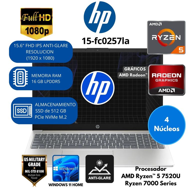 Laptop AMD Ryzen 5 (15-fc0257la) RAM 16 GB SSD 512 GB 15.6"FHD Windows 11 HOME