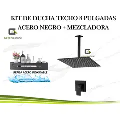 GREEN HOUSE - KIT DE DUCHA TECHO 8 PULGADAS ACERO NEGRO MATE