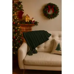 ZALMOHADAS - Manta Deco Verde Relieve Trenzas + Borlas 150x180 cm