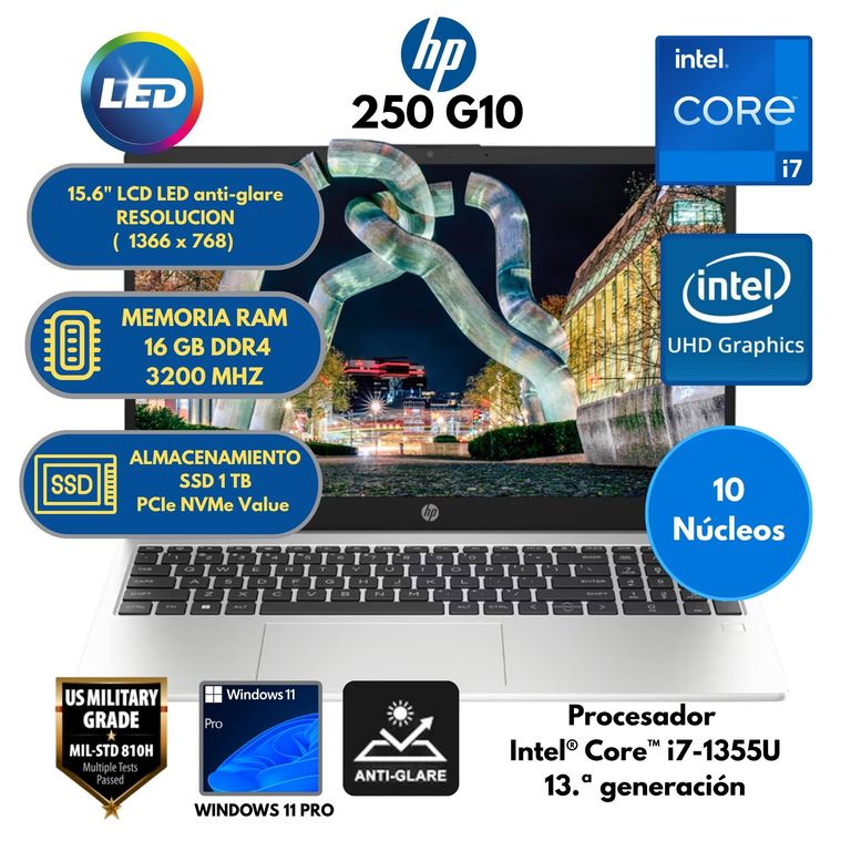 Laptop Intel Core i7 (250 G10) RAM 16 GB SSD 1 TB 15.6" LCD LED Windows 11 PRO