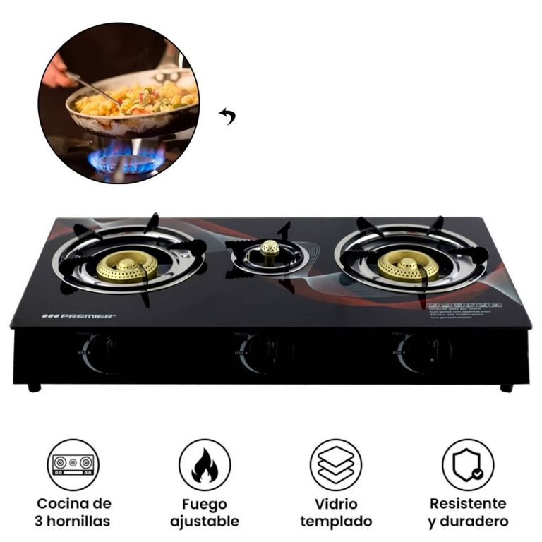 Cocina a Gas Genérico 3 Hornillas Vidrio Templado