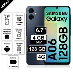 SAMSUNG - Celular Galaxy A06 128GB, 4GB ram, cámara 50MP + 2 MP frontal 8MP 6.7" negro