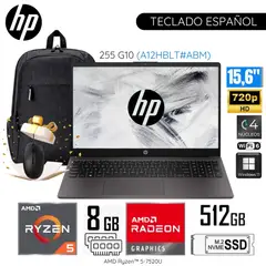 HP - Laptop 255 G10 (A12HBLT#ABM) AMD Ryzen5-7520U 8GB RAM 512GB SSD 15.6" HD + Mochila y Mouse