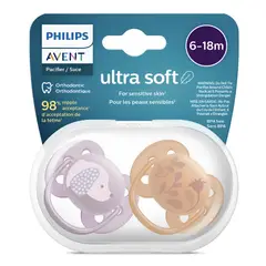 AVENT - Chupon 6 A 18 M Ultra Suaves Pack 2 Uni + Estuche Niña