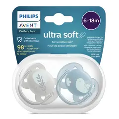 AVENT - Chupon 6 A 18 M Ultra Suaves Pack 2 Uni + Estuche Niño