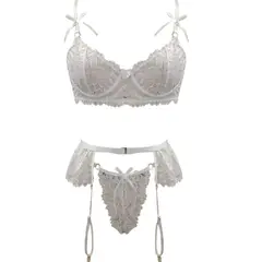 GENERICO - CONJUNTO DE LENCERÍA DE 3 PIEZAS – ENCAJE FLORAL & SATÉN