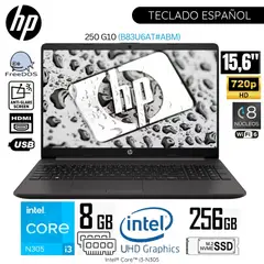 HP - Laptop 250 G10 Intel Corei3-N305 8GB RAM 256GB SSD 15.6" Pulg. HD FreeDos (B83U6AT)
