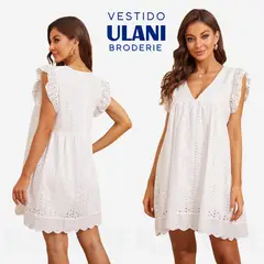 KAST PE - Vestido Ulani Blanco de Broderie con Volantes en Hombros - Talla M