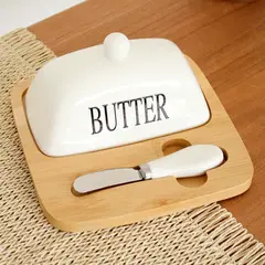 GENERICO - Mantequillera BLANCA de porcelana + Base Bambu con Untador