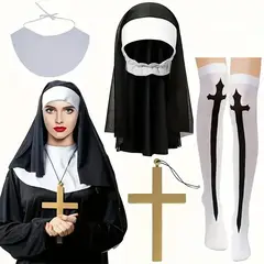 GENERICO - Set x 4 accesorios disfraz monja medias blancas Halloween