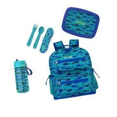 BENTGO - Set Mochila Escolar Lonchera Cubiertos y Tomatodo - Tiburon