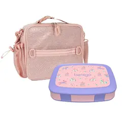 BENTGO - Set Lonchera Unicornios en Carrusel y Porta Lonchera Rosa Glitter