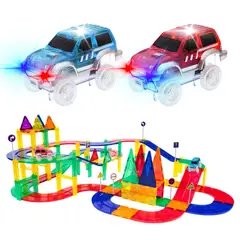 PICASSO TILES - Magnéticos Pista Carreras 80 pzs y 2 autos LED -PicassoTiles