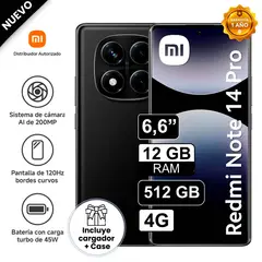 REDMI - Celular Libre Xiaomi Note 14 PRO 4G 6.6" Pulg 512GB 12GB RAM Negro