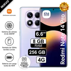 REDMI - Celular Libre Xiaomi Note 14 PRO 4G 6.6" Pulg 256GB 8GB Lila
