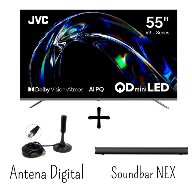 Televisor JVC 55 Pulgadas QD MINILED 120HZ GoogleTV LT-55KM958 + Soundbar Nex + Antena Digital