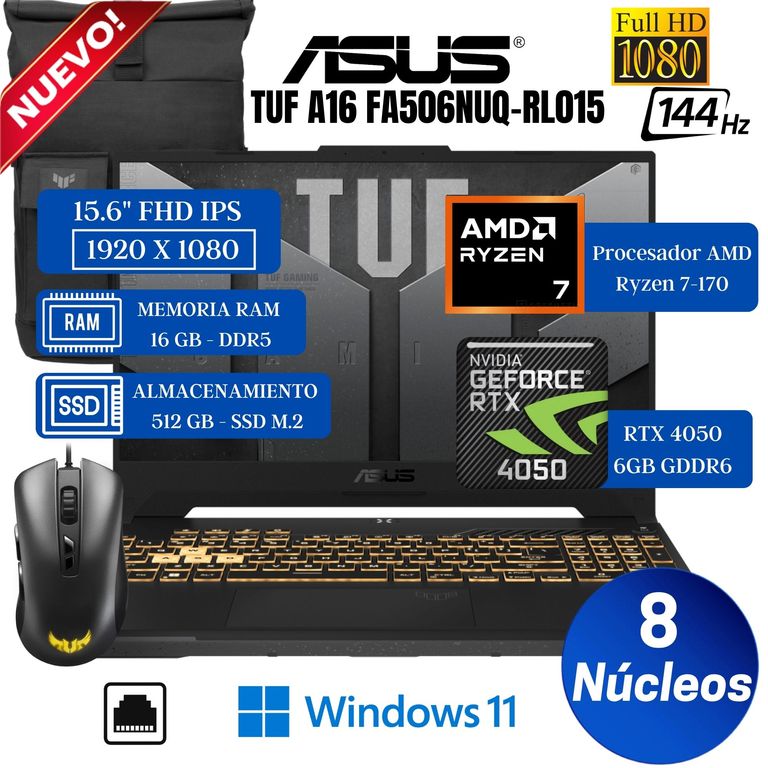 Laptop TUF A16 FA607NUG-RL216 16" WUXGA IPS, Ryzen 7-7445HS, Ram 16GB, Ssd 512GB, Rtx 4050 6GB