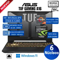 ASUS - Laptop TUF A16 FA607NUG-RL117 16" WUXGA IPS, Ryzen 7-7445HS, Ram 16GB, Ssd 512GB, Rtx 4050 6GB
