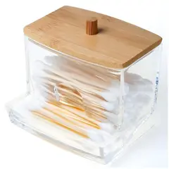 MINARI - Organizador Acrílico Dispensador de Hisopos Tapa de Madera A171