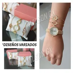 OEM - Kit Reloj Dorado + 2 Pulseras para Mujer Dama Regalo Cumpleaños