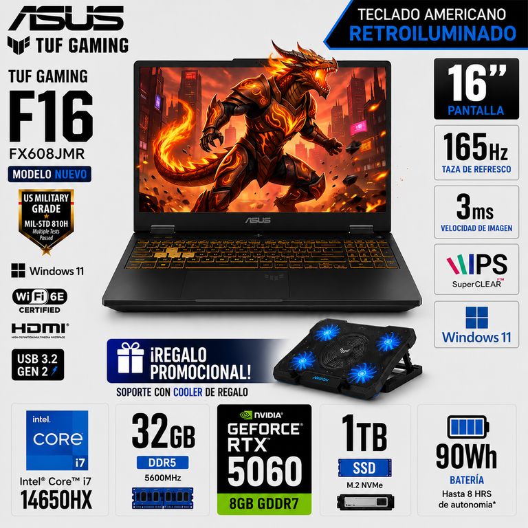 Laptop TUF Gaming F16 FX608JMR Intel Core i7 14650HX 32GB RAM 1TB SSD RTX 5060-8GB 16" WUXGA + REGALO
