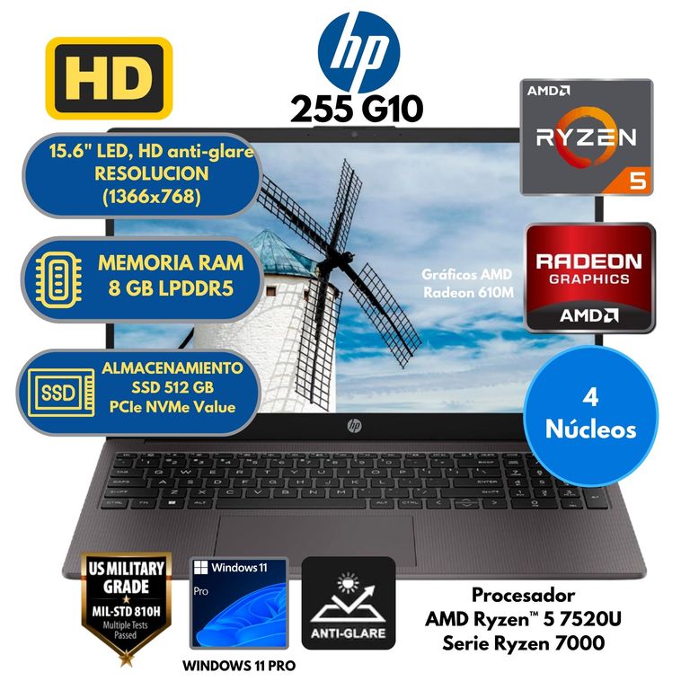 Laptop AMD Ryzen 5 (255 G10) RAM 8 GB SSD 512 GB 15,6" LED Windows 11 PRO