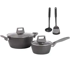 BELESSI - Set X6 Ollas Aluminio Forjado con Tapa de Vidrio + Utensilios