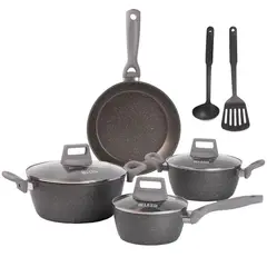 BELESSI - Juego de Ollas Antiadherentes 9 piezas, Mango Soft Touch, Tapa de Vidrio y Utensilios