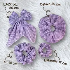 GENERICO - Pack 4 Accesorios Cabello Lila: Scrunchies y Lazo Gingham Vichy Lila