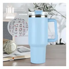 RYBIU IMPORT - Vaso con Tapa de Acero en Celeste Y+Regalo Stickers