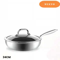 ICHIMATSU - Sartén de Acero Inoxidable Tricapa con tapa de Cristal 24 cm.