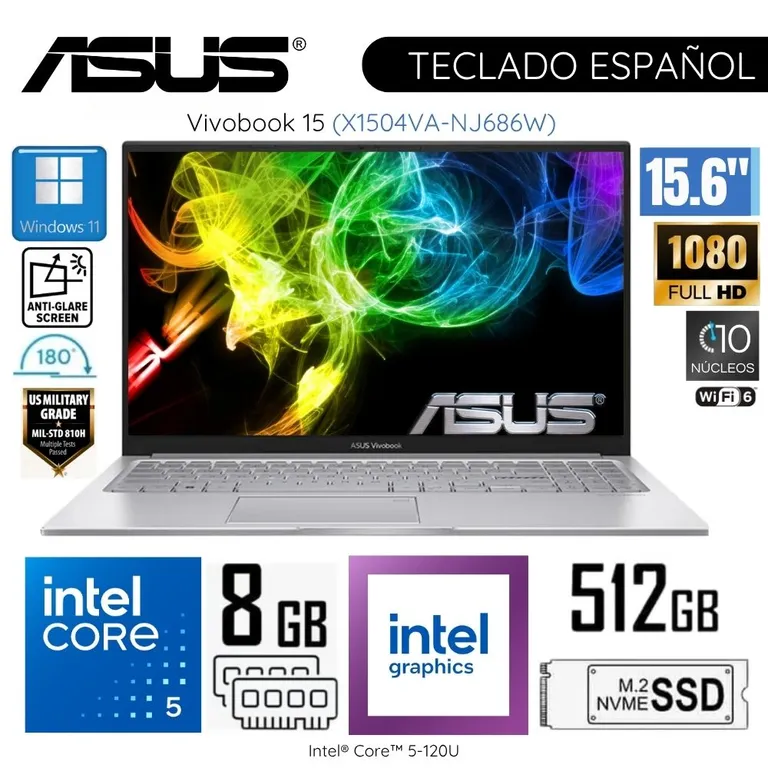 Laptop Vivobook X1504VA-NJ686W Intel Core5-120U 8GB RAM 512GB SSD 15.6" Pulg. FHD Wind 11