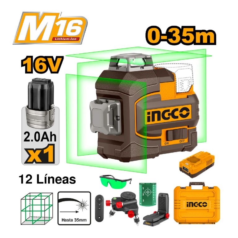 Nivel Laser 12 Líneas Verde INGCO 16V 360° 3D 35M + Batería Hll301201