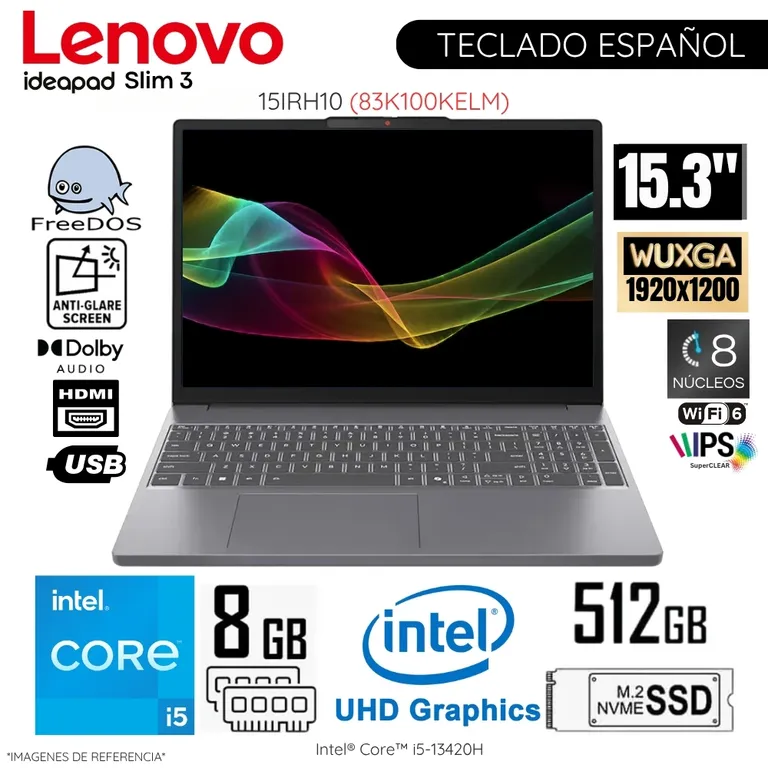 Laptop Ideapad Slim 3 15IRH10 Intel Corei5-13420H 8GB RAM 512GB SSD 15.3" WUXGA FreeDos