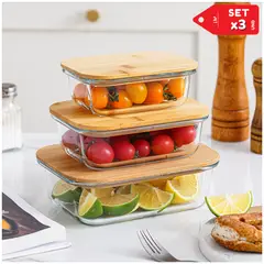 INSPIRA MARKET - Set de 3 Recipientes Taperes de Vidrio con Tapa de Bambú