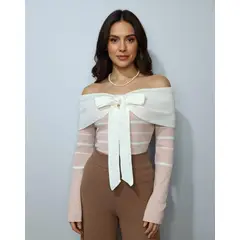 GENERICO - Chompa Off Shoulder con Lazo Frontal Hilo Tacto Suave