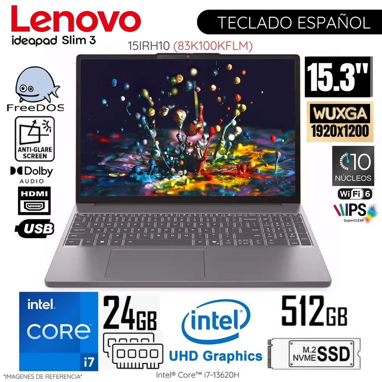 Laptop Ideapad Slim 3 15IRH10 Intel Core i7-13620H 24GB RAM 512GB SSD 15.3" WUXGA FreeDos - 83K100KFLM