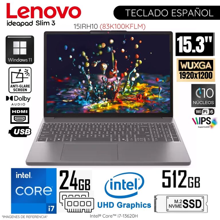 Laptop Ideapad Slim 3 15IRH10 Intel Core i7-13620H 24GB RAM 512GB SSD 15.3" WUXGA WIN11- 83K100KFLM