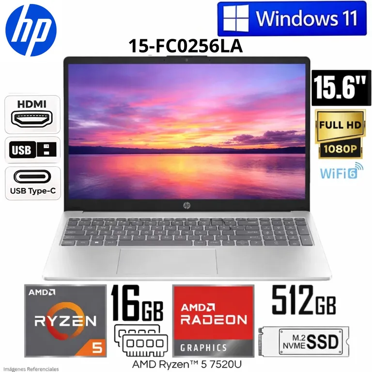 LAPTOP 15-fc0256la 15.6 RYZEN 5 7520U FHD RAM 16GB SSD 512GB W11