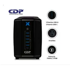 CDP - UPS R-UPR758I 750VA/375W 8 SALIDA /5 PORT USB/1 TIPO C/AUTONOMIA 20MIN BLACK