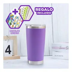 RYBIU IMPORT - Vaso con Tapa de Acero en Morado Y+Papel de Regalo