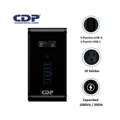 CDP - UPS R-SMART1010I 1000VA/500W AUTONOMÍA 30MIN 10 SALIDAS/5 PORT USB-A/1 PORT USB-C BLACK