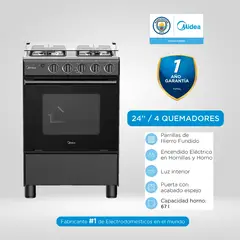 MIDEA - Cocina a Gas 24" 4 Quemadores Negra MGS24FS2LFABBC + Campana CMU6020PB0