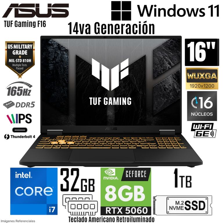 Laptop TUF Gaming F16 FX608JMR Intel Core i7 14650HX 32GB RAM 1TB SSD RTX 5060-8GB 16" WUXGA
