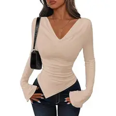 GIOIO - Blusa Mujer Casual Ajustada Elegante Beige