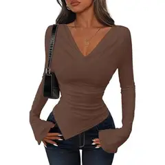 GIOIO - Blusa Mujer Casual Ajustada Elegante Marrón
