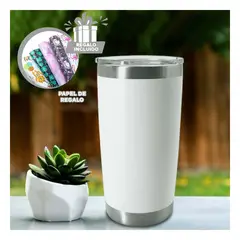 RYBIU IMPORT - Vaso con Tapa de Acero Blanco Y+Papel de Regalo
