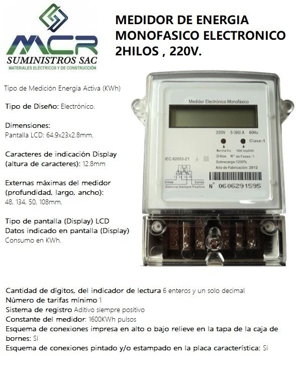 MEDIDOR DE ENERGIA MONOFASICO ELECTRONICO 2HILOS 220V