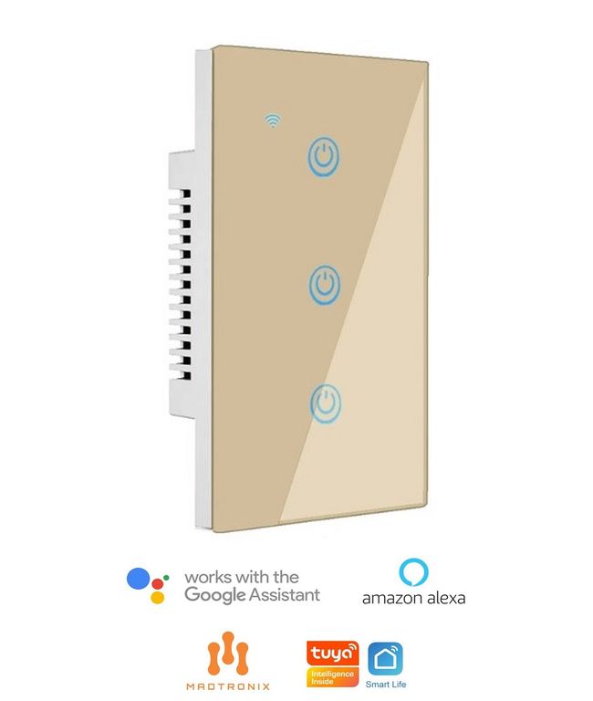 Interruptor De Luz Smart Wifi Triple Alexa y Google Sin Neutro Dorado
